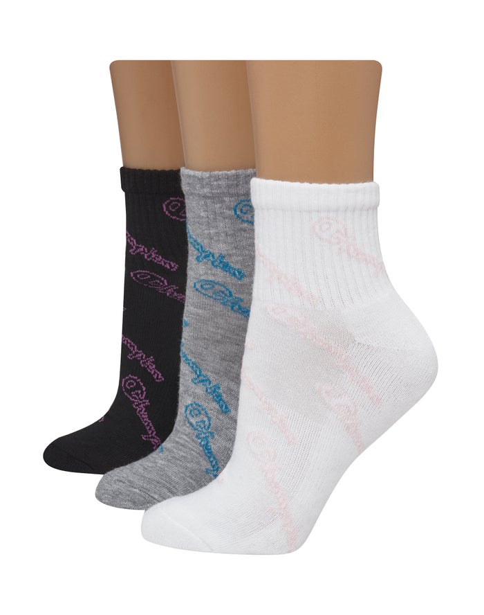 Champion Womens Socks NZ - Ankle Script Logo 3-Pairs White/Grey/Black ( 7956-MQHDE )